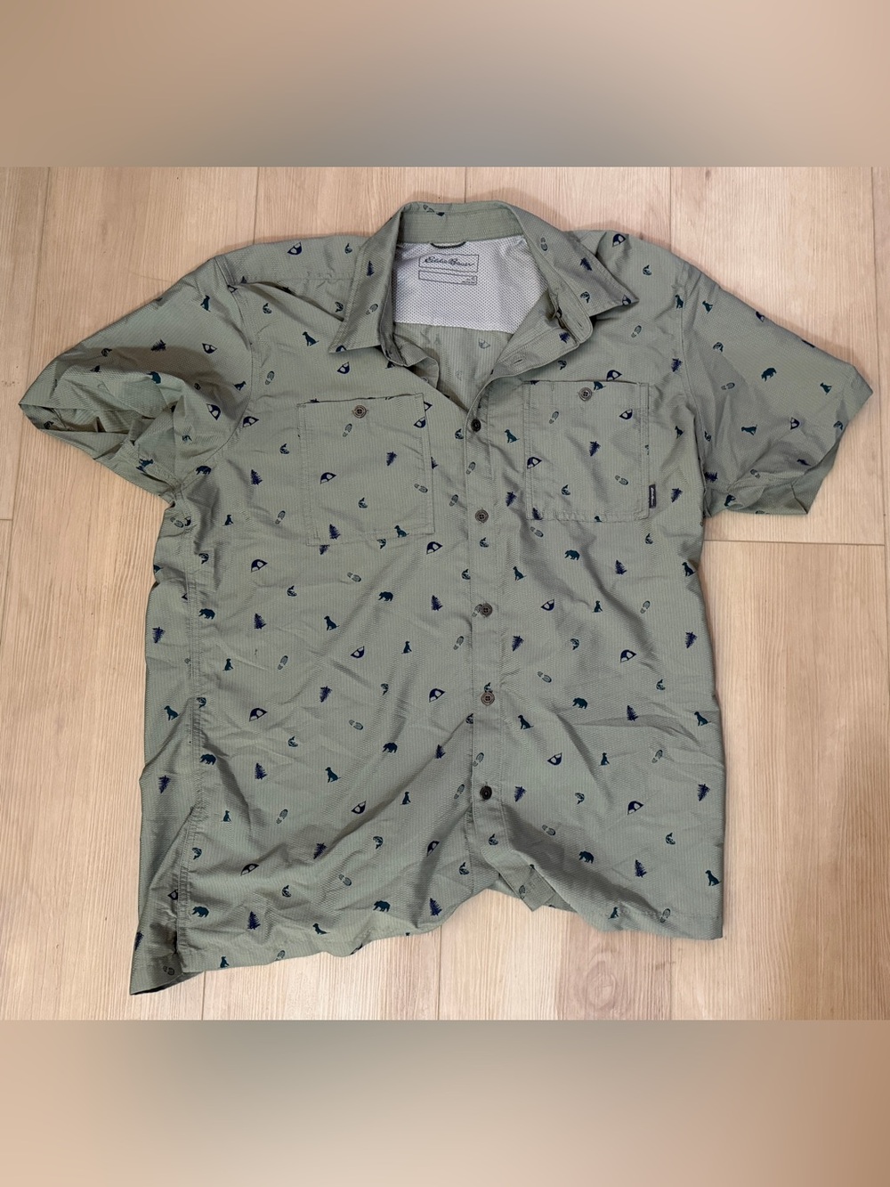 Eddie Bauer Olive Green Short-Sleeve Button-Down with Navy Micro Icons